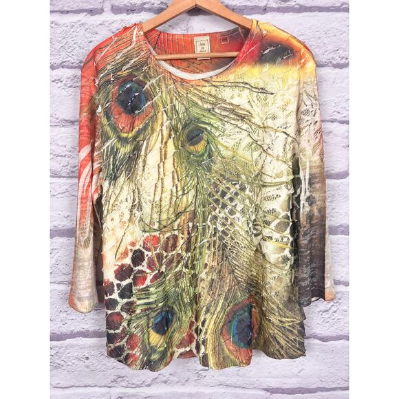 Jess & Jane Womens PXL Artsy Bohemian Maximalist USA Peacock Feather Top Blouse - Picture 3 of 10
